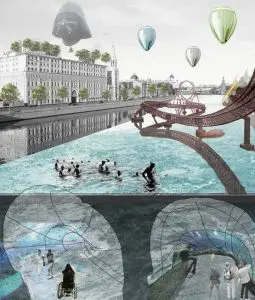 Architectural rendering of an accessible waterway in Moscow.