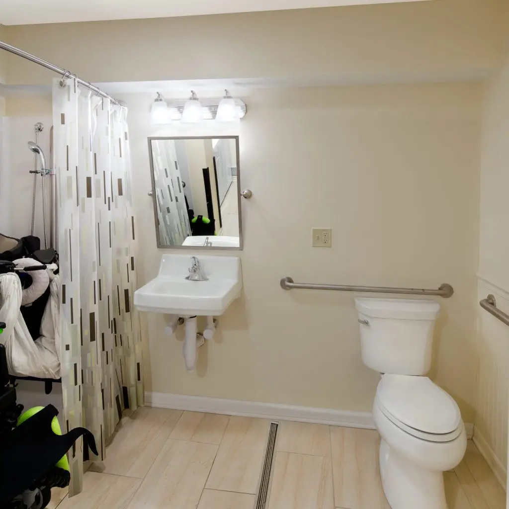 renovated bathroom with roll-in shower on the left