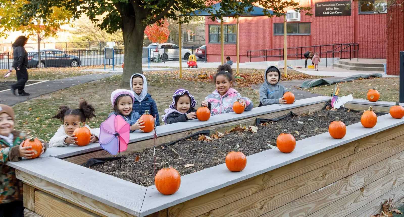 A group of preschool-age children standing beside a raised garden bed with small pumpkins.