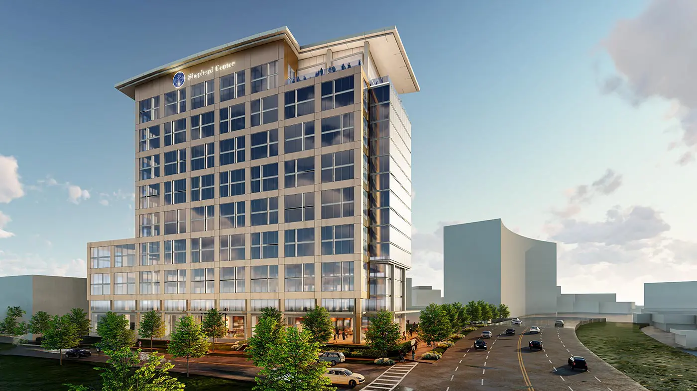 Rendering of the Arthur M. Blank Residences adjacent to the highway.