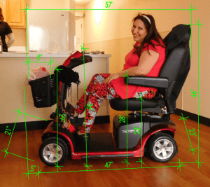 young white woman dressed in red sitting on her scooter with dimensions overlaid on the image